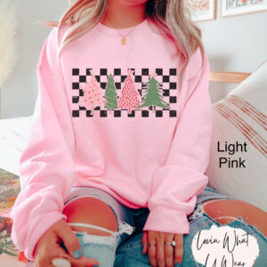 vintage christmas sweatshirt with checkered pink tree design oversized holiday top for winter celebrations and festive outfits pidfe