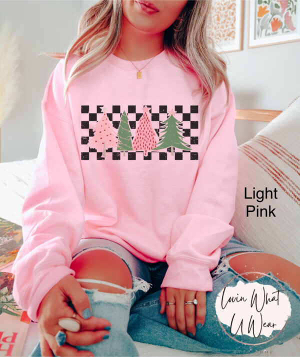 vintage christmas sweatshirt with checkered pink tree design oversized holiday top for winter celebrations and festive outfits pidfe