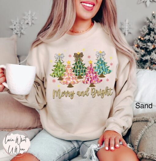 vintage christmas sweatshirt with faux glitter merry tree design and trendy bow oversized holiday top for festive comfort bg2rq