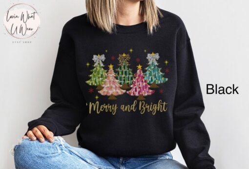 vintage christmas sweatshirt with faux glitter merry tree design and trendy bow oversized holiday top for festive comfort lb9we