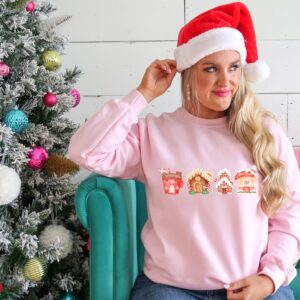 vintage christmas sweatshirt with gingerbread house design for a fun holiday look in crew neck style rtidv