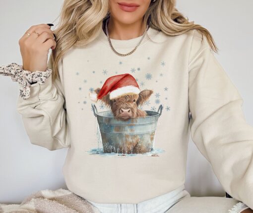 vintage christmas sweatshirt with highland cow design for western and southern style country holiday wear