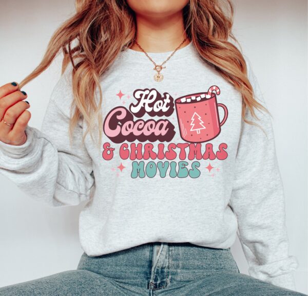 vintage christmas sweatshirt with hot cocoa and movies design for holiday traditions and retro style