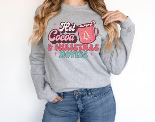 vintage christmas sweatshirt with hot cocoa and movies design for holiday traditions and retro style 6qgsk