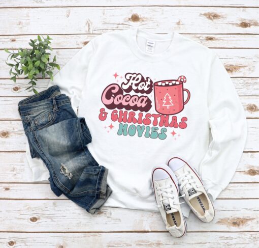 vintage christmas sweatshirt with hot cocoa and movies design for holiday traditions and retro style mbrrk