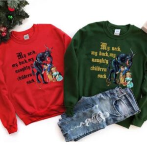 vintage christmas sweatshirt with krampus design for naughty children and humorous my neck my back theme c8mqv