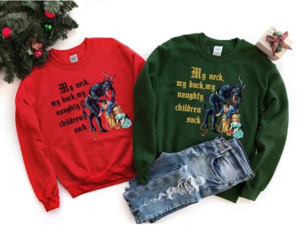 vintage christmas sweatshirt with krampus design for naughty children and humorous my neck my back theme c8mqv