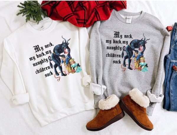 vintage christmas sweatshirt with krampus design for naughty children and humorous my neck my back theme dqahm