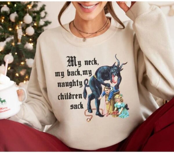 vintage christmas sweatshirt with krampus design for naughty children and humorous my neck my back theme gi29k