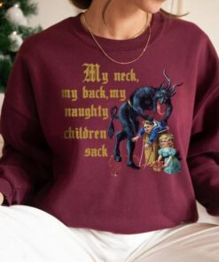 vintage christmas sweatshirt with krampus design for naughty children and humorous my neck my back theme gvrb3