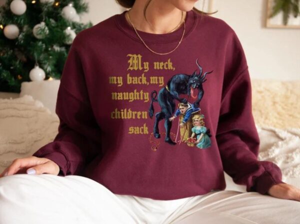 vintage christmas sweatshirt with krampus design for naughty children and humorous my neck my back theme gvrb3