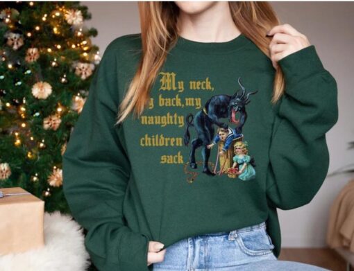 vintage christmas sweatshirt with krampus design for naughty children and humorous my neck my back theme kz72n