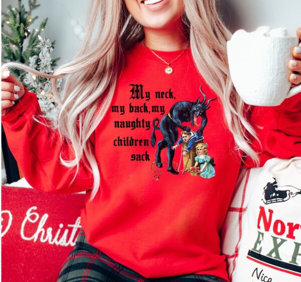 vintage christmas sweatshirt with krampus design for naughty children and humorous my neck my back theme