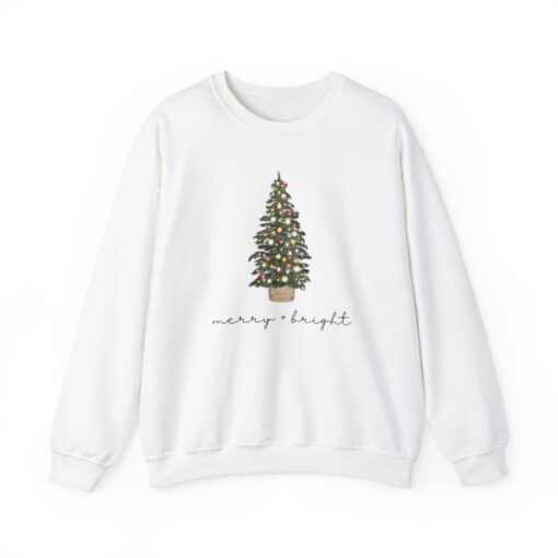 vintage christmas sweatshirt with merry and bright design featuring a christmas tree for holiday comfort in winter crewneck style bkdbq