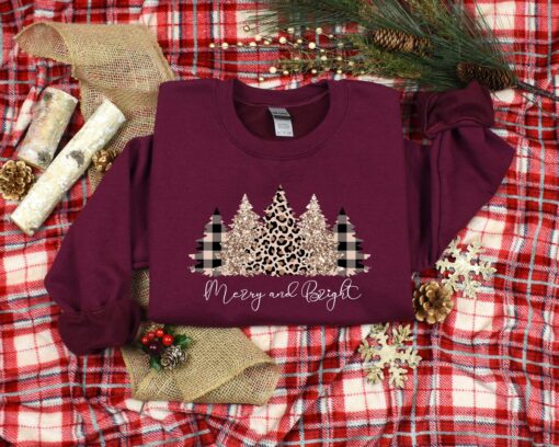 vintage christmas sweatshirt with merry and bright tree design for women featuring a festive forest theme and holiday spirit whuj4 scaled