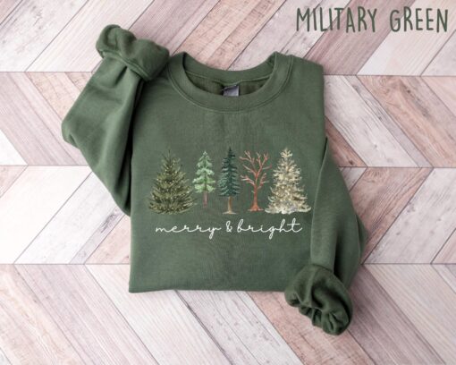 vintage christmas sweatshirt with merry bright christmas trees design for women holiday sweater for winter celebrations jrtbt