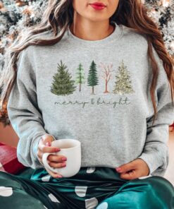 vintage christmas sweatshirt with merry bright christmas trees design for women holiday sweater for winter celebrations patxg scaled