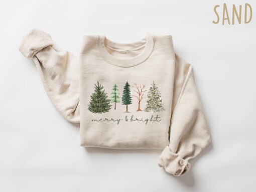 vintage christmas sweatshirt with merry bright christmas trees design for women holiday sweater for winter celebrations s66ks scaled