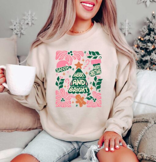 vintage christmas sweatshirt with merry bright trees design for women comfortable winter shirt for holiday celebrations 8ttmq