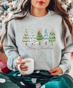 vintage christmas sweatshirt with merry bright trees design for women holiday winter shirt for festive celebrations and comfort 18cot