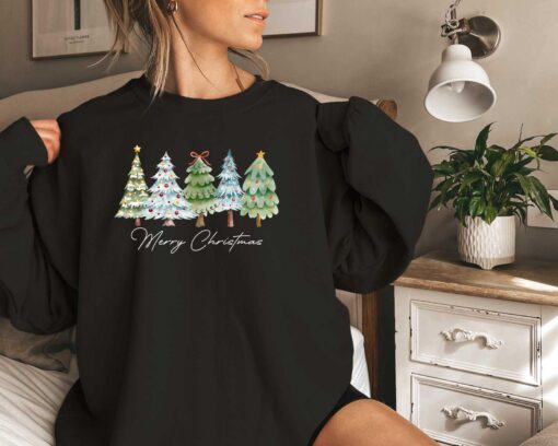 vintage christmas sweatshirt with merry bright trees design for women holiday winter shirt for festive celebrations and comfort zboj9