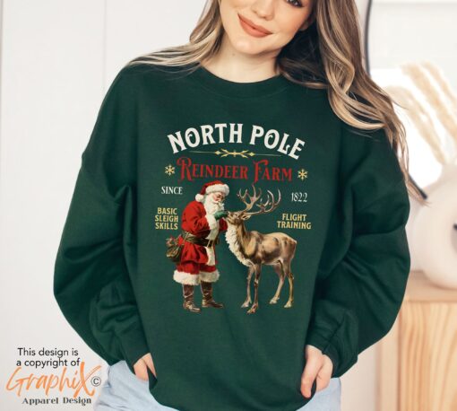 vintage christmas sweatshirt with north pole reindeer design retro style long sleeve shirt for holiday celebrations 45eph