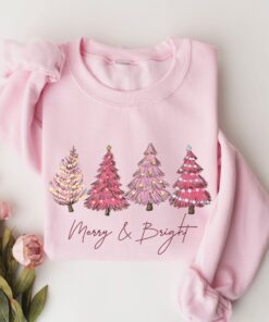 vintage christmas sweatshirt with pink christmas tree design and merry bright print for festive holiday style f2yo8