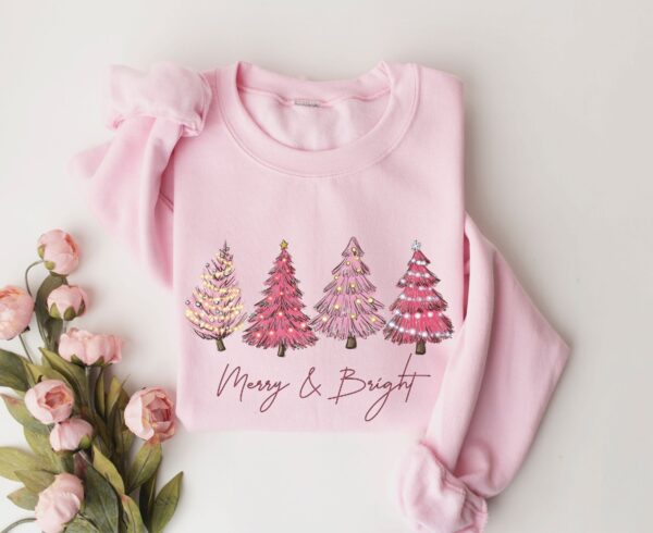 vintage christmas sweatshirt with pink christmas tree design and merry bright print for festive holiday style f2yo8