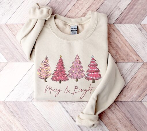 vintage christmas sweatshirt with pink christmas tree design and merry bright print for festive holiday style tkafz