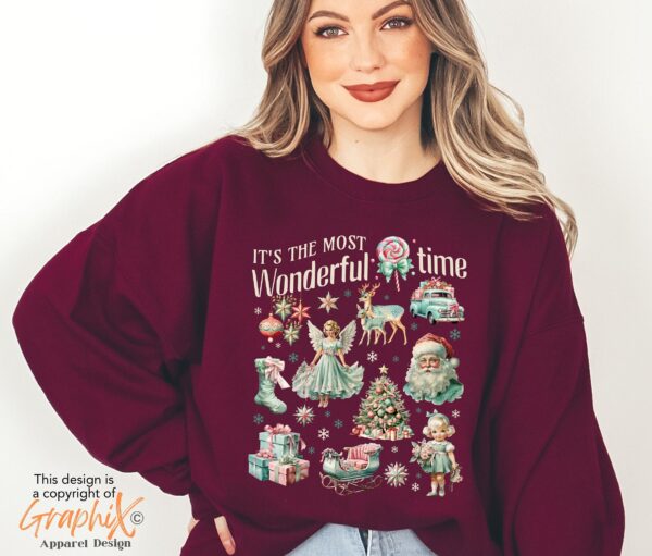 vintage christmas sweatshirt with retro pink design and fun doodle print for winter wear 6upnj