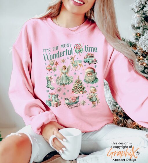 vintage christmas sweatshirt with retro pink design and fun doodle print for winter wear ky0lu