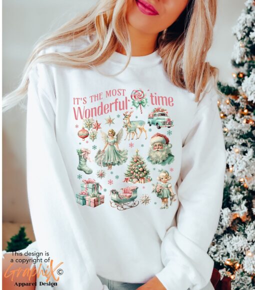 vintage christmas sweatshirt with retro pink design and fun doodle print for winter wear odqsn