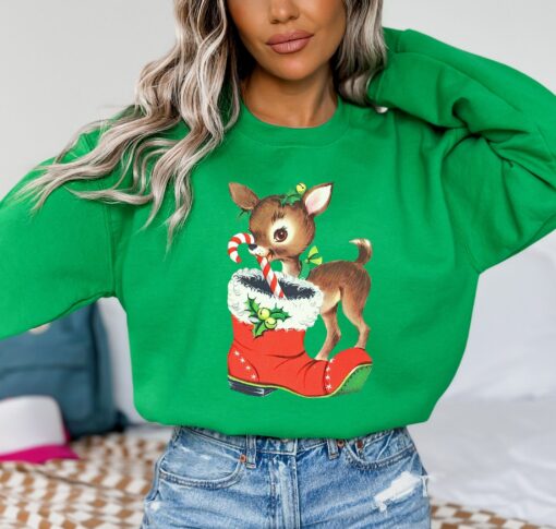 vintage christmas sweatshirt with retro reindeer design and cute baby deer print for a unique holiday look 4dygw