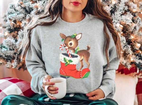 vintage christmas sweatshirt with retro reindeer design and cute baby deer print for a unique holiday look odmai scaled