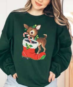 vintage christmas sweatshirt with retro reindeer design and cute baby deer print for a unique holiday look orueo