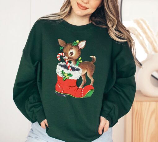 vintage christmas sweatshirt with retro reindeer design and cute baby deer print for a unique holiday look orueo