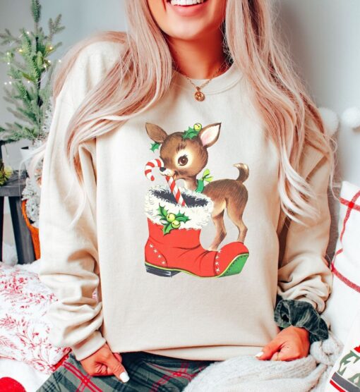 vintage christmas sweatshirt with retro reindeer design and cute baby deer print for a unique holiday look rjgvk