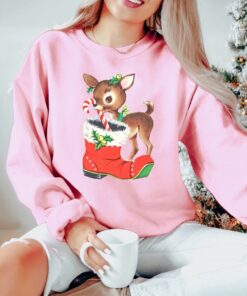 vintage christmas sweatshirt with retro reindeer design and cute baby deer print for a unique holiday look whlty