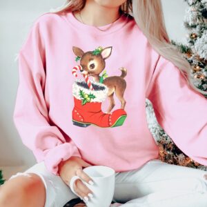 vintage christmas sweatshirt with retro reindeer design and cute baby deer print for a unique holiday look whlty