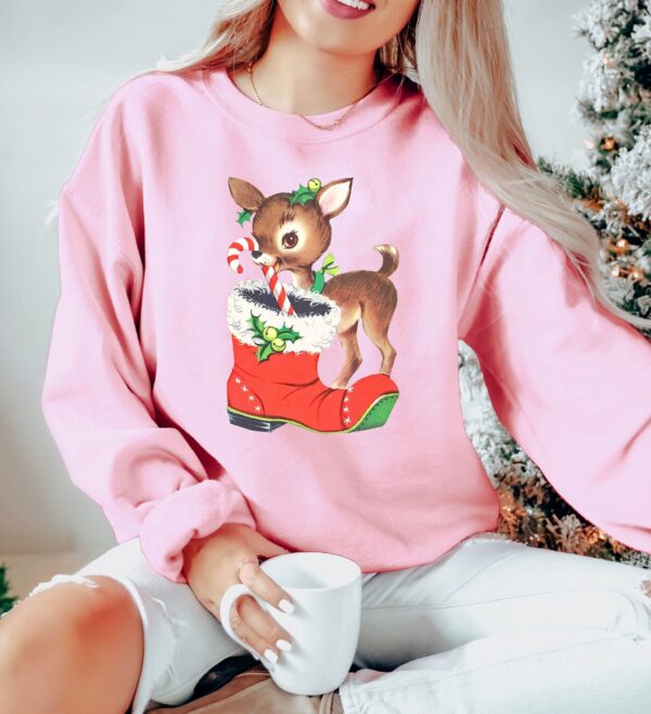 vintage christmas sweatshirt with retro reindeer design and cute baby deer print for a unique holiday look whlty