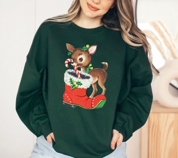 vintage christmas sweatshirt with retro reindeer design in pink cute baby deer shirt for holiday celebrations and festive gatherings fsd7h