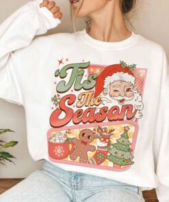 vintage christmas sweatshirt with retro santa claus design and hot cocoa graphic for a fun winter look tfghg