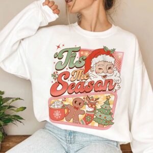 vintage christmas sweatshirt with retro santa claus design and hot cocoa graphic for a fun winter look tfghg