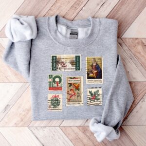 vintage christmas sweatshirt with stamp design for stamp collectors holiday crewneck sweater ideal for festive celebrations cptww