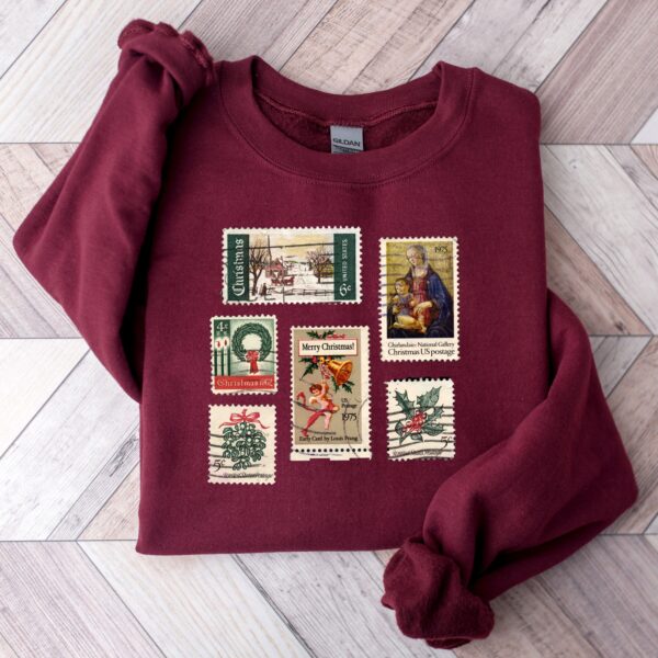 vintage christmas sweatshirt with stamp design for stamp collectors holiday crewneck sweater ideal for festive celebrations hrdrp scaled