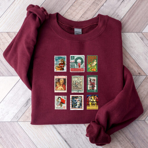 vintage christmas sweatshirt with stamp design for stamp collectors holiday crewneck sweater ideal for festive gatherings enwep scaled