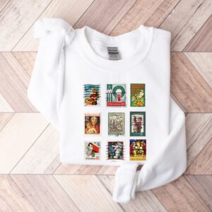 vintage christmas sweatshirt with stamp design for stamp collectors holiday crewneck sweater ideal for festive gatherings iwqbl