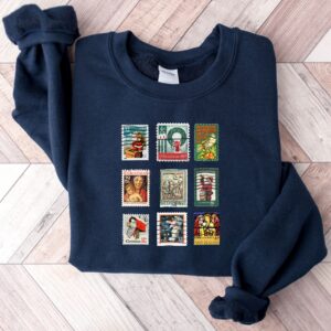 vintage christmas sweatshirt with stamp design for stamp collectors holiday crewneck sweater ideal for festive gatherings nlc7f