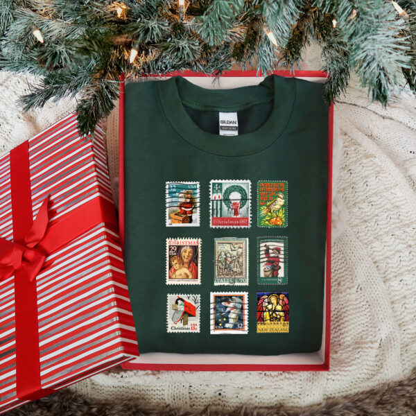 vintage christmas sweatshirt with stamp design for stamp collectors holiday crewneck sweater ideal for festive gatherings wkpy7 scaled