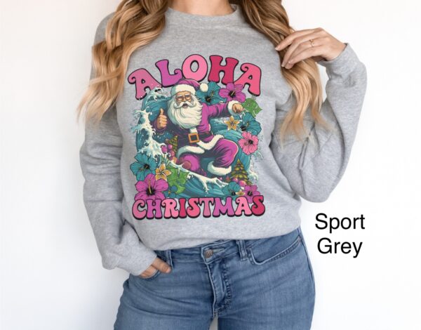 vintage christmas sweatshirt with surfing santa design for hawaiian holiday celebrations and fun xmas party wear